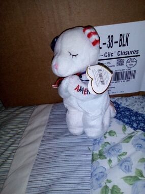 Ty White Plush Small Pet Toy with Red and Blue Accents